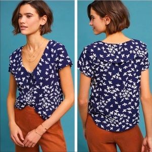 Anthropologie Navy and White Floral Blouse